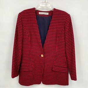 Evan Picone Vintage 1990’s Women’s Red Navy Houndstooth Wool Blazer Size 14